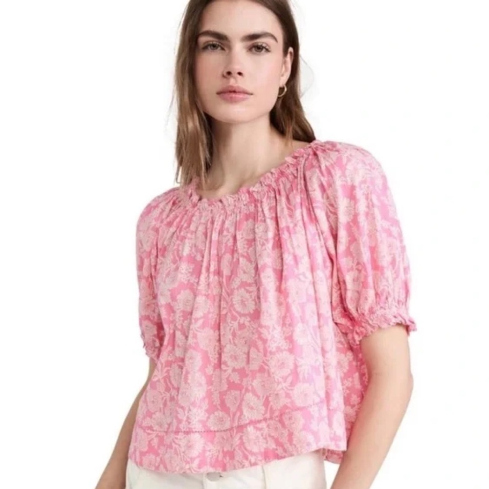 THE GREAT Garland Puff Sleeve Top Bright Rouge Wild Brush Floral Pink Women’s M - Picture 3 of 13